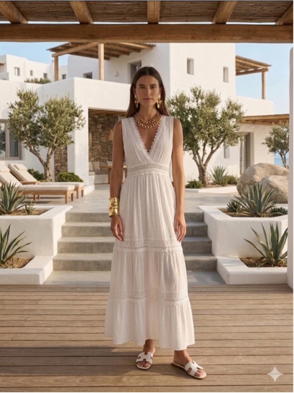Justify White Eyelet Lace Maxi Dress M Bohemian Tiered V-Neck Resort Summer Era
